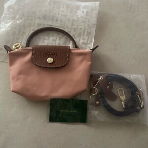 Longchamp Small Le Pliage Top-Handle Mini Bag in Dusty Pink with Brown Trim